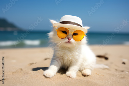 A white kitten sitting on sandy beach in sunglasses and yellow summer hat. Creative summer concept with relaxing cat on seashore. 