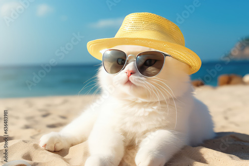 A white kitten sitting on sandy beach in sunglasses and yellow summer hat. Creative summer concept with relaxing cat on seashore. 