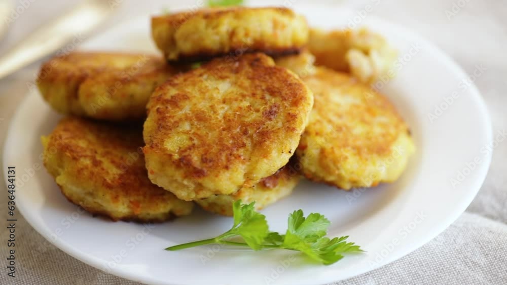 Cooked fried fish cutlets in a plate with herbs, on a light wooden table. Cooked fried fish cutlets in a plate with herbs, on a light wooden table.