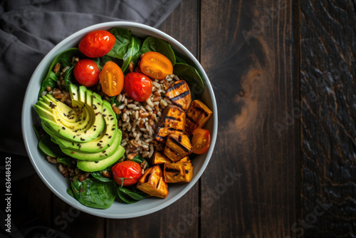 Healthy Grain Bowl with Spinach, Grilled Sweet Potato, Tomatoes and Avocado on a Wooden Background Shot From Above with Space for Copy