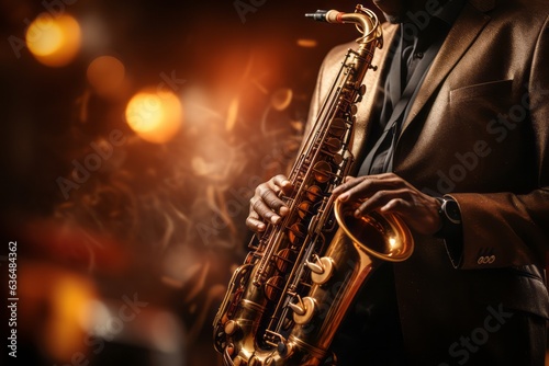 Young musician play saxophone on stage . Generative AI