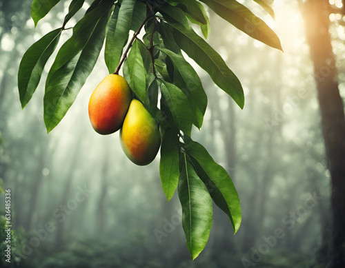 Beautiful mango fruit with leafs on natural forest smooth background