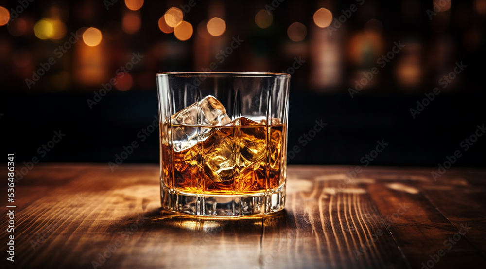 glass of whiskey with ice on the mahogany slatted wooden table generativa IA - obrazy, fototapety, plakaty 