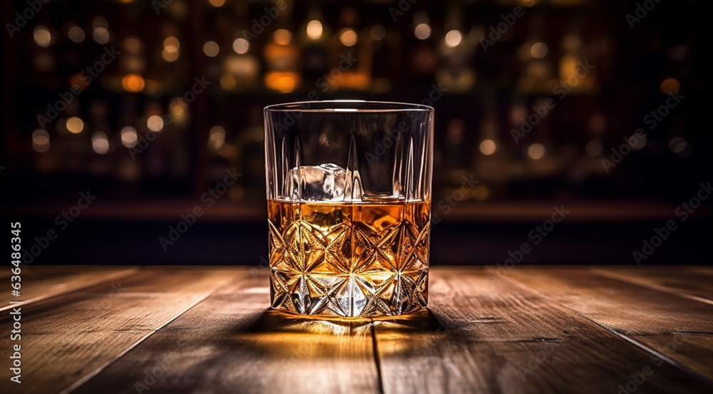 glass of whiskey with ice on the slatted wooden table generat IA - obrazy, fototapety, plakaty 