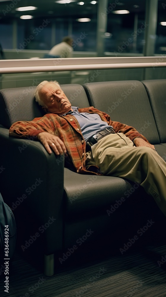 Elderly Man Sleeping in Airport Waiting Room Rest