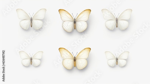 Generative AI : Set four beautiful white butterflies Pieris napi with black spots and streaks in different poses fluttering isolated on a white background photo
