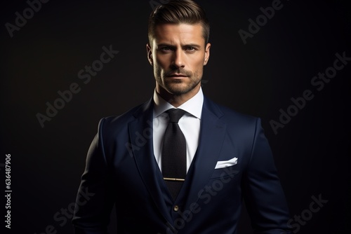 Brunette man in business suit on dark background