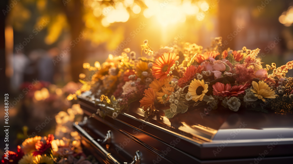 Closeup of a casket with flowers in a peaceful setting of a church. Solemn coffin adorned with a delicate variety of flowers, final tribute to a dear soul. Closeup of a casket with flowers in a peaceful setting of a church. Solemn coffin adorned with a delicate variety of flowers, final tribute to a dear soul.
