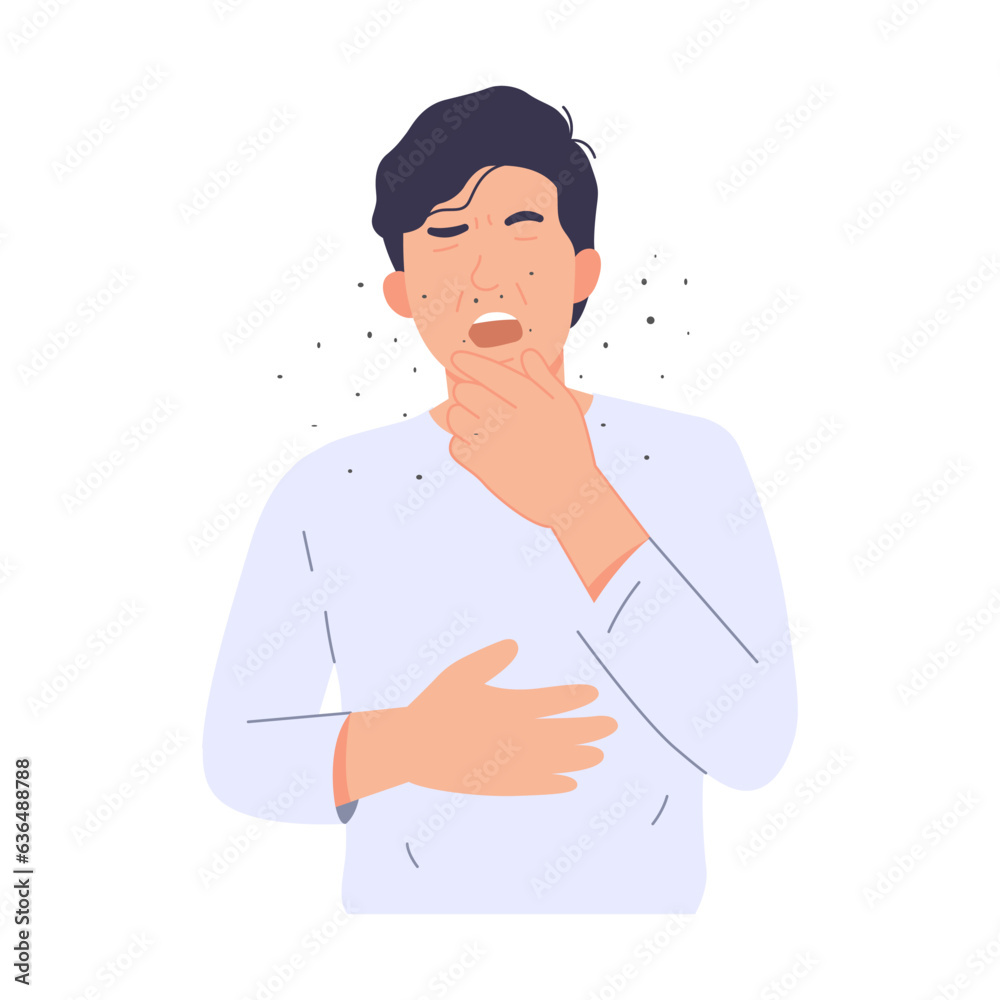 Man have itchy nose caused by allergies. Allergens from house dust, cockroaches, grass, dog or cat hair. Allergic rhinitis. Hay fever. Vector illustration. Isolated on white background Man have itchy nose caused by allergies. Allergens from house dust, cockroaches, grass, dog or cat hair. Allergic rhinitis. Hay fever. Vector illustration. Isolated on white background