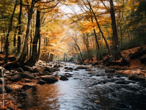 Illustration of a calm river in a serene forest during the autumn. Generative AI.