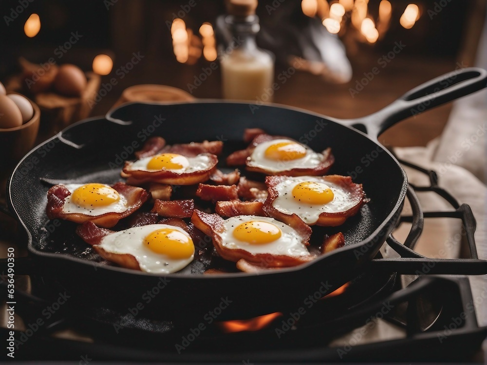 Gas stovetop cooking bacon and eggs in a cast iron skillet Gas stovetop cooking bacon and eggs in a cast iron skillet