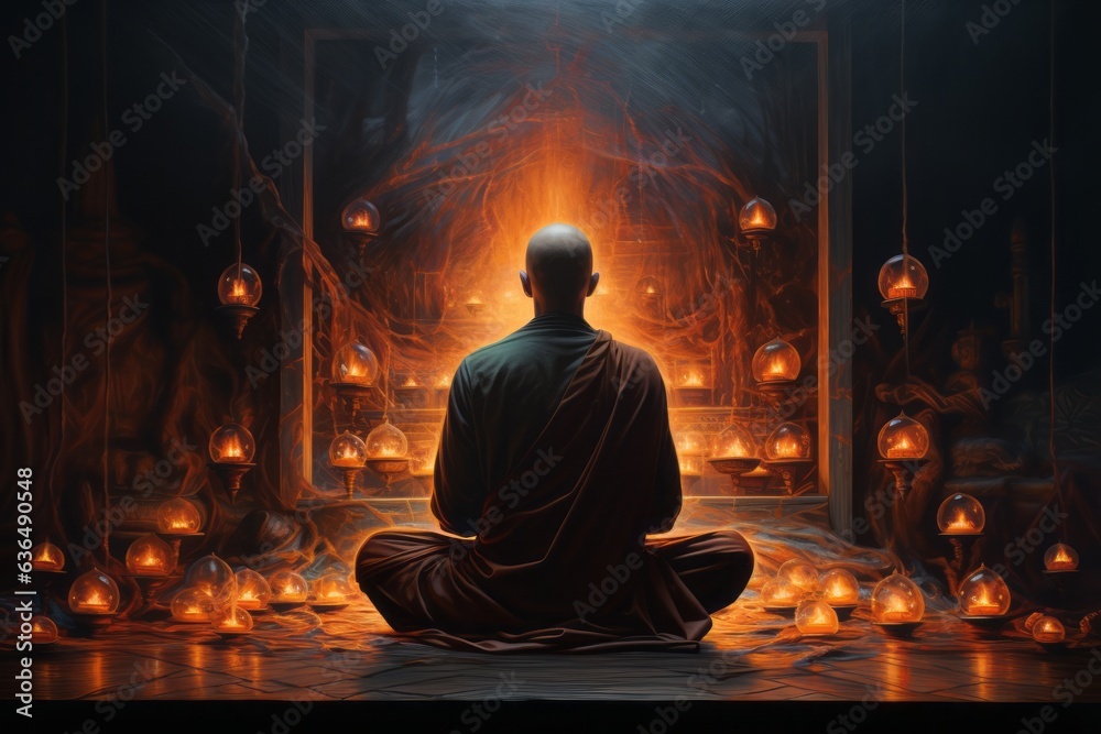 tranquil monk in lotus pose amidst flames and lightnings, Generative AI