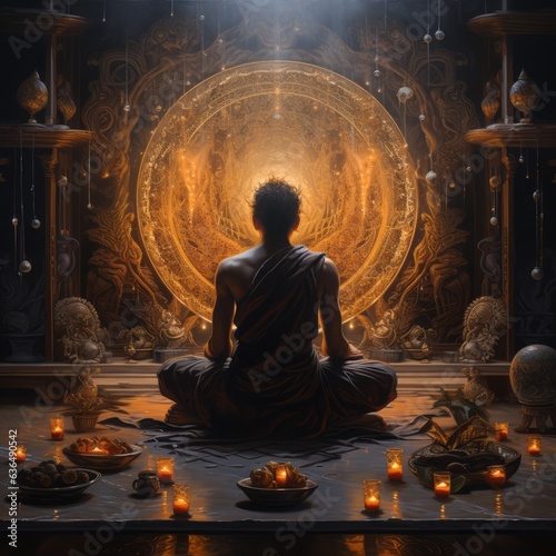 tranquil monk in lotus pose amidst flames and lightnings, Generative AI