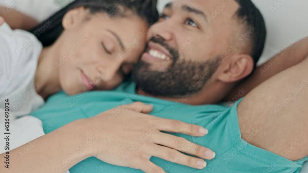 Happy, talking and a couple with a hug in bed for comfort, bonding or cuddling. Smile, talking and a man and woman in the bedroom of a house for sleeping, conversation or love together in marriage Happy, talking and a couple with a hug in bed for comfort, bonding or cuddling. Smile, talking and a man and woman in the bedroom of a house for sleeping, conversation or love together in marriage