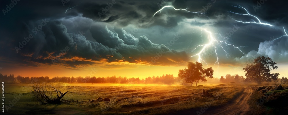 A dramatic storm at sunset producing a powerful tornado twisting through the countryside with sheet lightning. Landscape mixed media illustration | Generative AI A dramatic storm at sunset producing a powerful tornado twisting through the countryside with sheet lightning. Landscape mixed media illustration | Generative AI