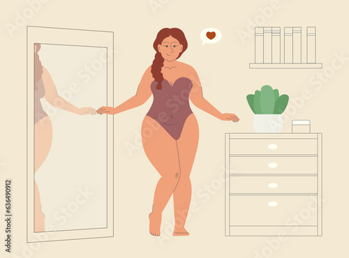 Body positive plump woman in bodysuit looking in mirror vector illustration