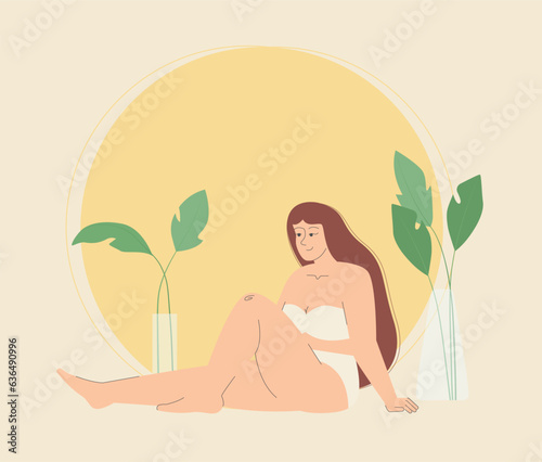 Happy body positive plump woman in underwear vector illustration