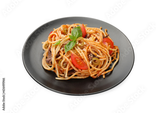 Delicious pasta with anchovies, tomatoes and olives isolated on white