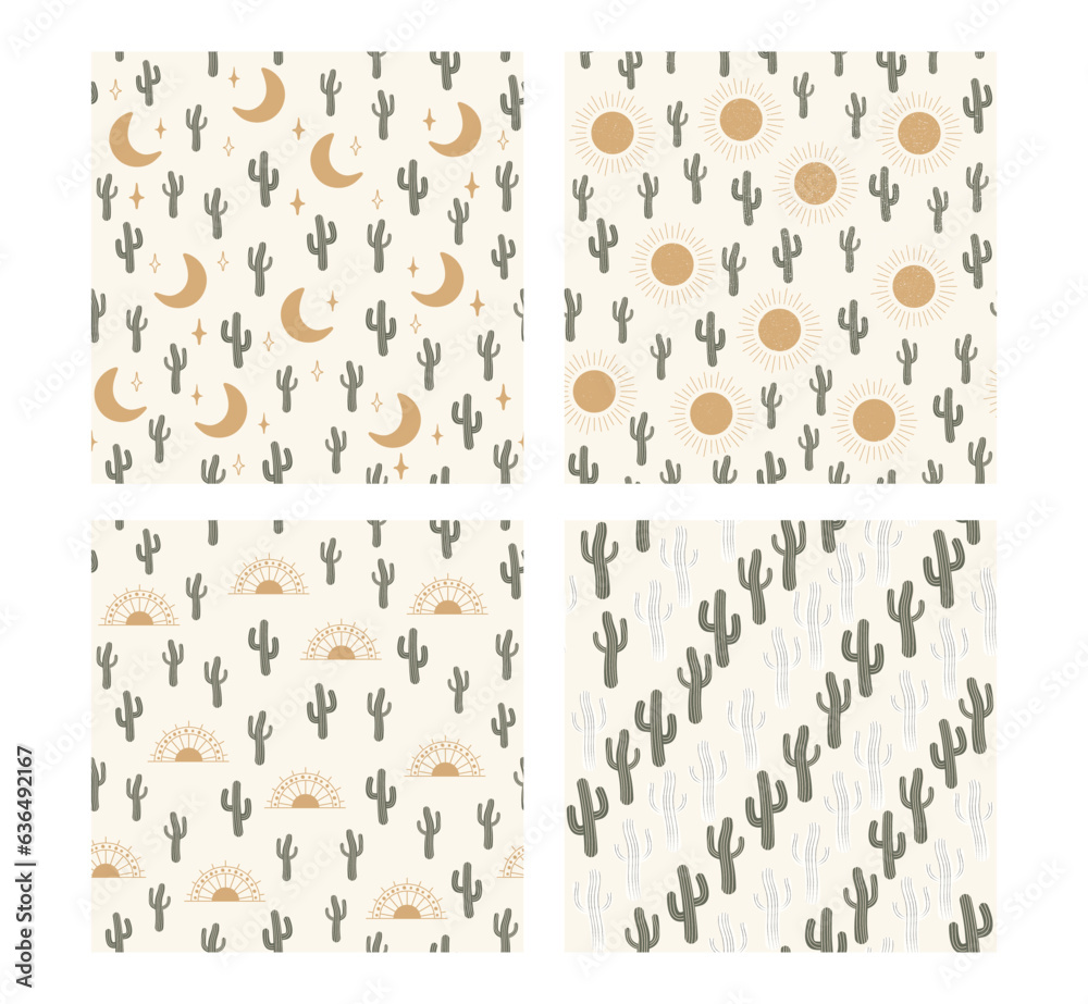Seamless vector pattern set - summer cactus on desert.