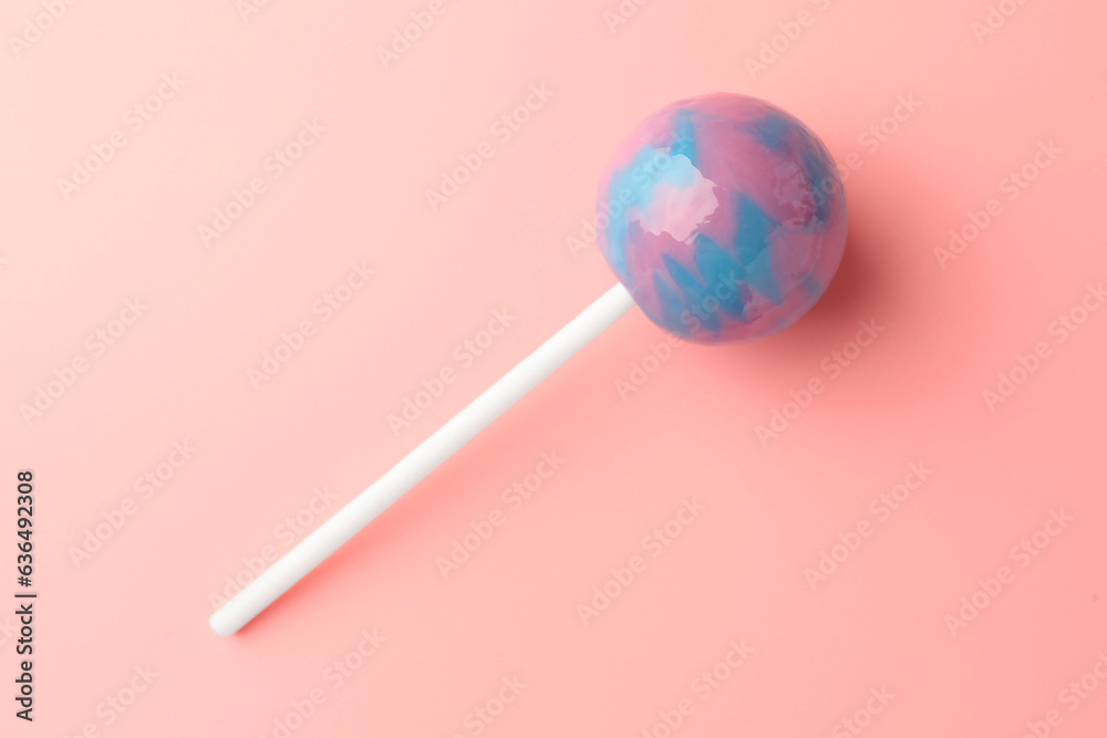 Tasty lollipop on pink background, top view Tasty lollipop on pink background, top view