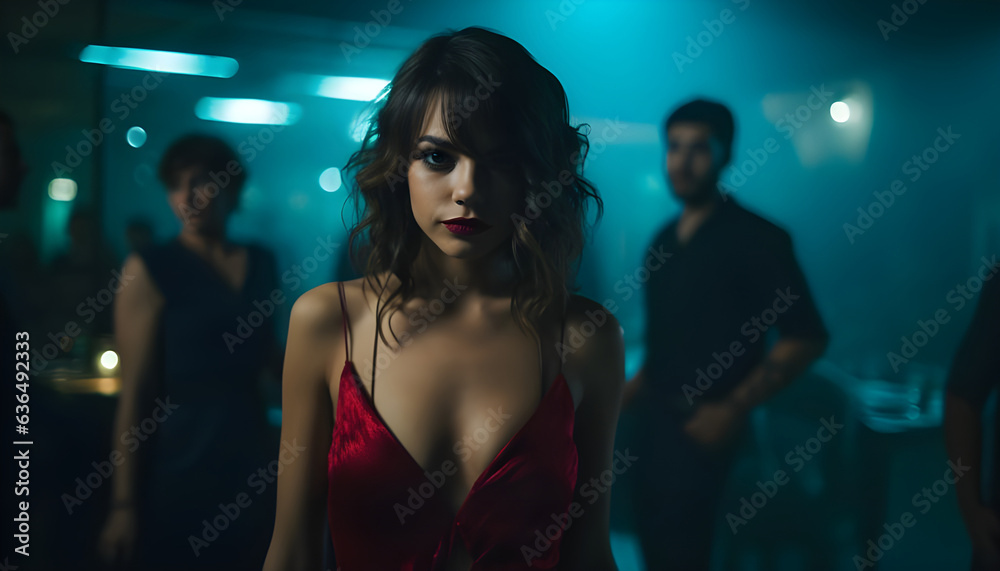 A seductive woman in a revealing red dress in a dark club. A seductive woman in a revealing red dress in a dark club.