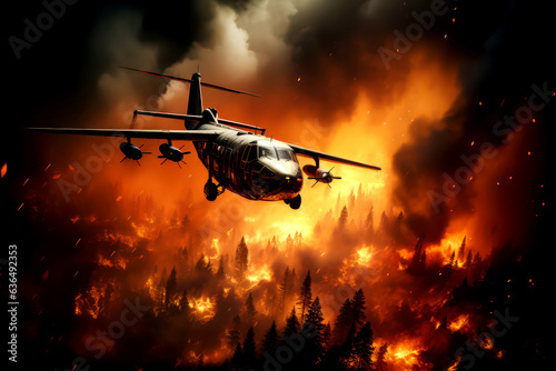 Fire fighting Helicopter o firefighting plane dropping water on wildfire. Disaster forest burning