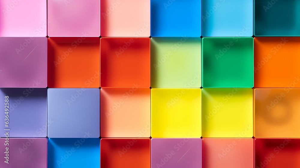 Square plastic tiles as a colourful abstract background. Kids, toys, play room and children education concept. Multicolored cover, banner, background. AI generated digital design.