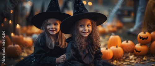 Happy Halloween Festival! Attractive twin girl wearing a wizard hat. Cheerful moment with the Jack O\' Lanterns pumpkin!