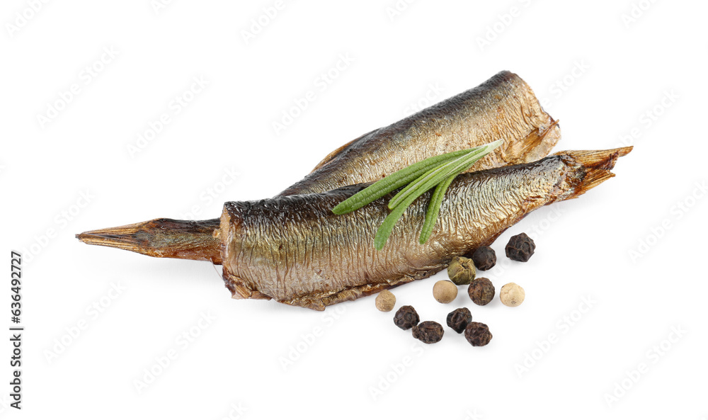 Naklejka premium Tasty canned sprats, rosemary and peppercorns isolated on white