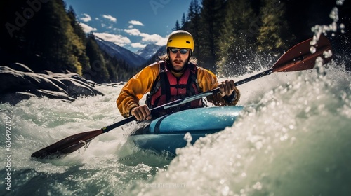 Kayaker navigating through roaring whitewater rapids 