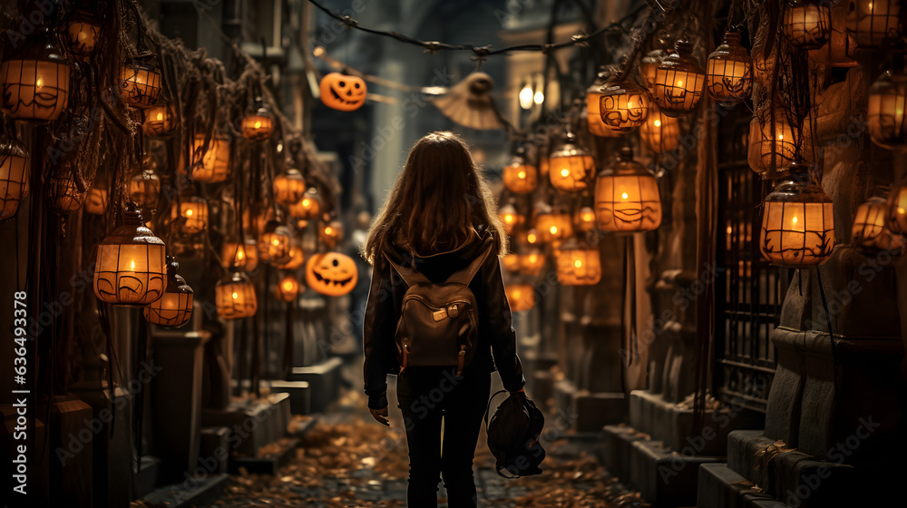 A young girl dressed in black slings a bag on her way to a Halloween party in the city,Which in the city is decorated with pumpkins for Halloween in the houses. Generative AI. A young girl dressed in black slings a bag on her way to a Halloween party in the city,Which in the city is decorated with pumpkins for Halloween in the houses. Generative AI.