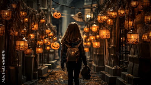 A young girl dressed in black slings a bag on her way to a Halloween party in the city,Which in the city is decorated with pumpkins for Halloween in the houses. Generative AI.