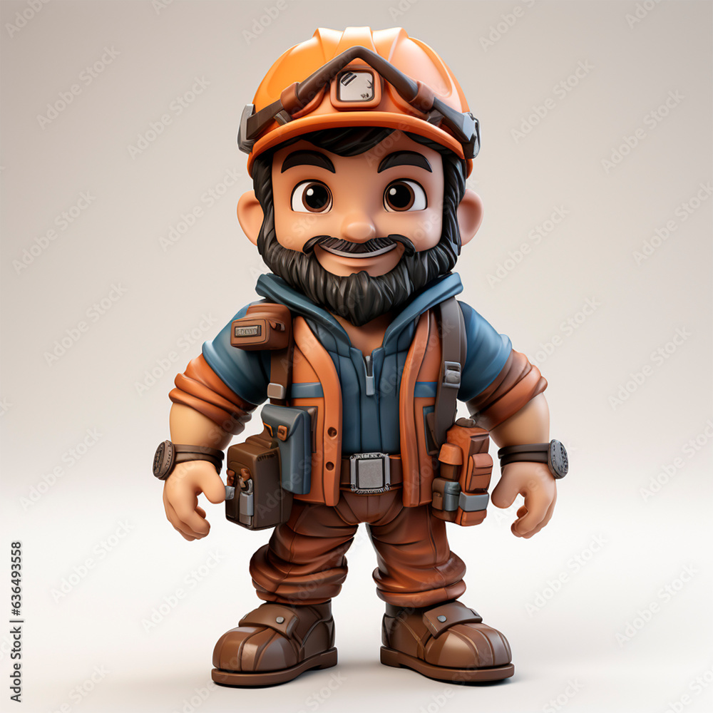 Man in 3d render in carpenter suit and orange helmet, city worker