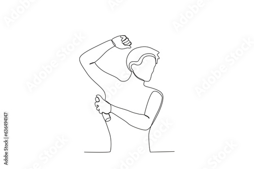 A man wears deodorant after bathing. Morning activities one-line drawing