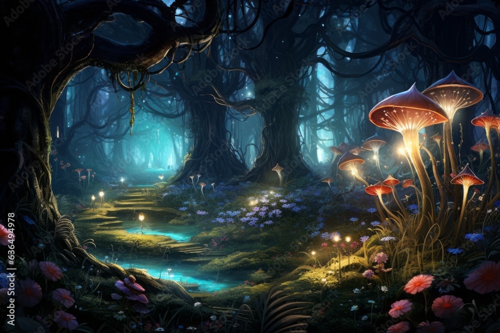 whimsical night journey through enchanted woods, Generative AI