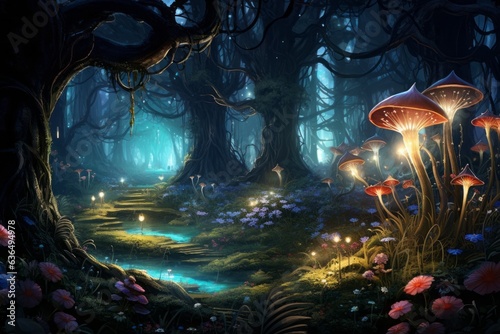 whimsical night journey through enchanted woods, Generative AI