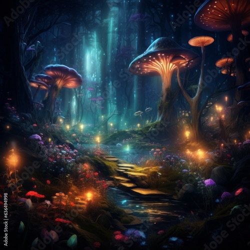 whimsical night journey through enchanted woods, Generative AI