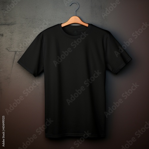 black t-shirt mock-up , on a hanger , flat lay , on a dark floor , 