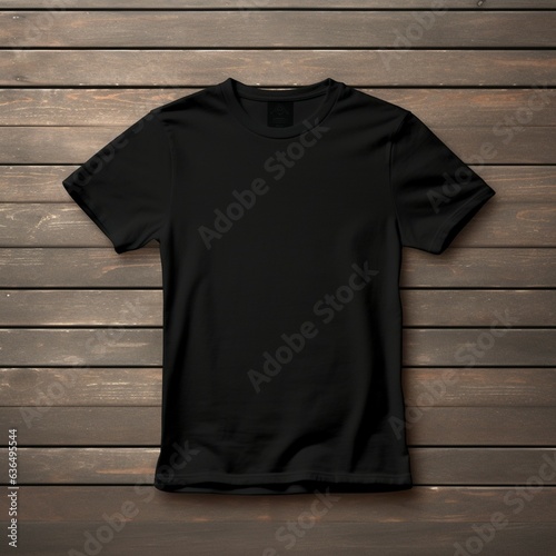 black t-shirt mock-up , flat lay on a dark wood background , aerial view , blank t-shirt template
