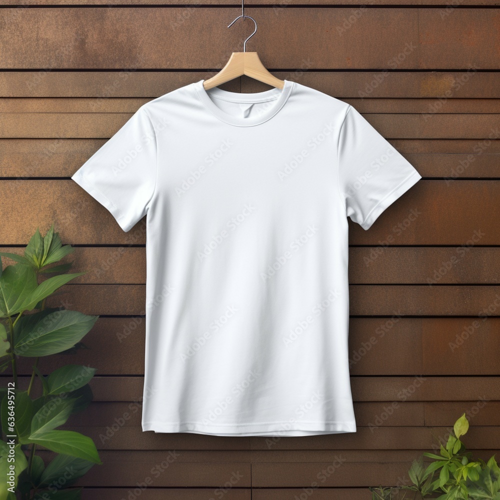 white t-shirt mock-up on a hanger , flat lay , on a brown wood background , white t-shirt mock-up on a hanger , flat lay , on a brown wood background ,