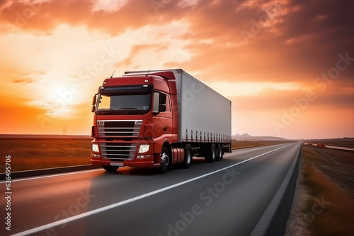 Loaded European truck on motorway in red, orange sunset light. On the road transportation and cargo. © Svetlana