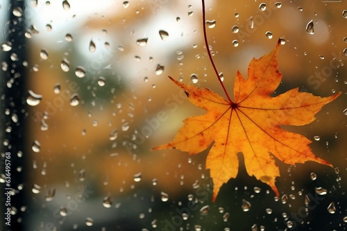 raindrops and fallen maple leaves on the window weather characteristic autumn. generative ai.