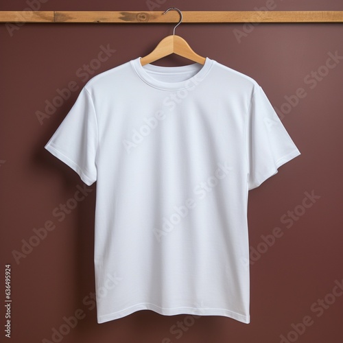 white t-shirt mock-up, on a hanger , flat lay , aerial view , simple , blank t-shirt template