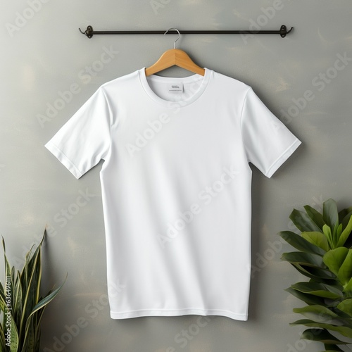 white t-shirt mock-up, on a hanger , flat lay , light background , with plants nearby , aerial view