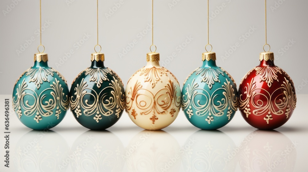 Beautifully designed Christmas ornaments on white background. Generative AI. Beautifully designed Christmas ornaments on white background. Generative AI.
