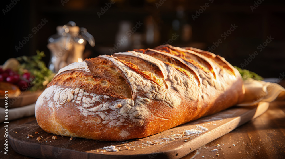 Freshly baked appetizing white loaf of white bread lies on the kitchen table. AI generated