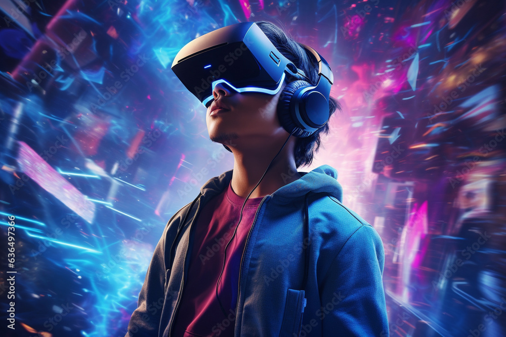 Young man wearing virtual reality VR glasses, VR headset and trying to touch something with his hand while standing in the cyberspace background.