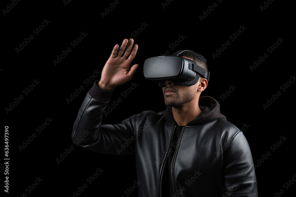 Man wearing virtual reality VR glasses, VR headset and trying to touch something with his hand while standing on dark background.