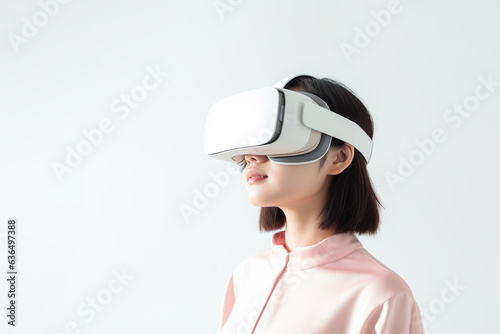 Young woman wearing virtual reality VR glasses, VR headset and trying to touch something with her hand while standing on white background.