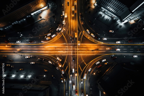 top view of intersection in a prosperous city, time lapse of car, long shutter speed photo